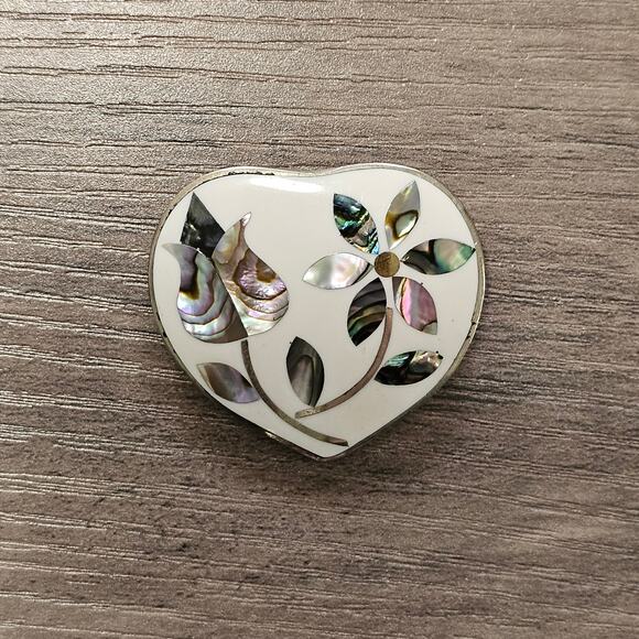 Vintage Mexican Silver Heart Brooch with Inlaid Abalone Flowers